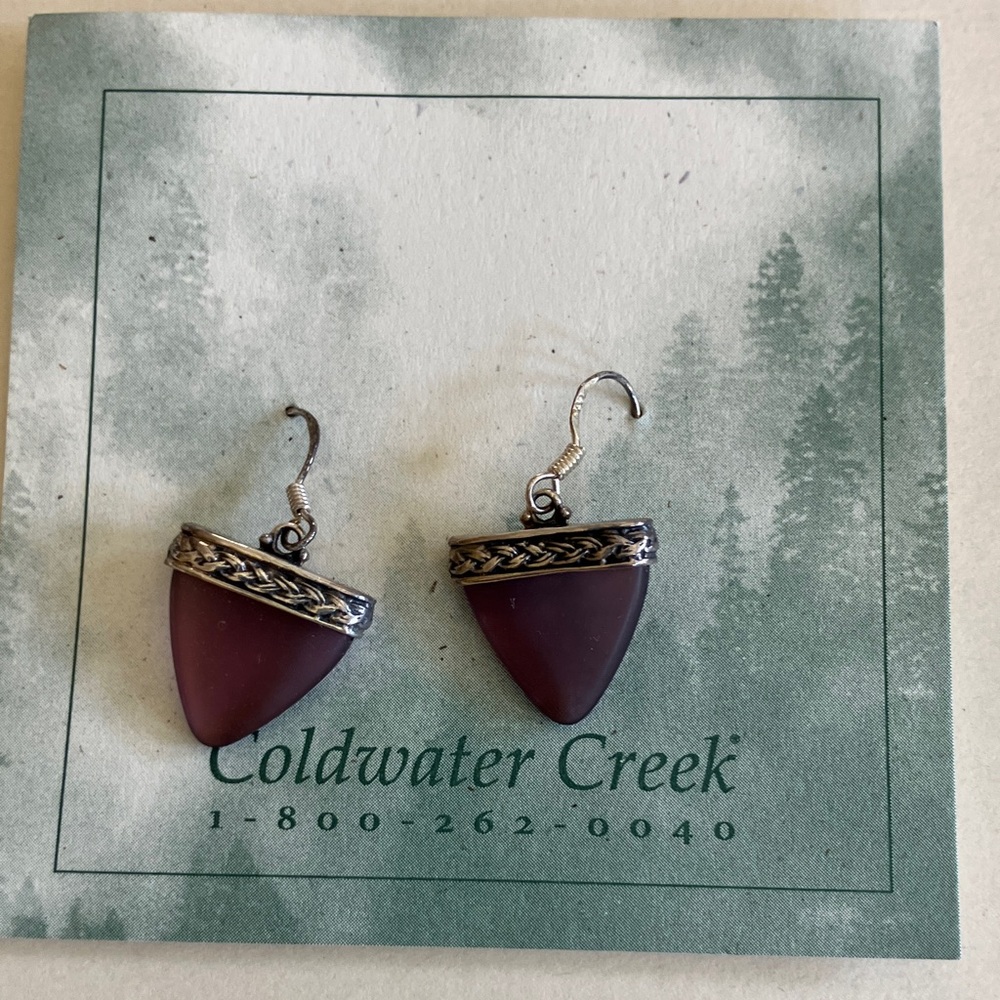 Coldwater Creek Purple Glass Triangle Drop Earrings with Silver Trim